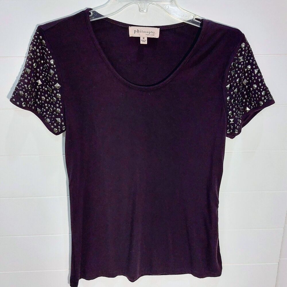 Philosophy Women's Medium Embellished Sleeves Purple Scoop Neck Work Classic